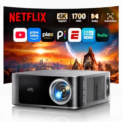 Proyector 4K | Alto Brillo1700 ANSI | Netflix Ready| 50W Dolby Audio | Smart Proyector App Integrada, AI Auto Focus/Keystone, 1080P Nativo FHD,HDR, WiFi6 Bluetooth5.2, HDMI ARC/CEC, Cine en Casa