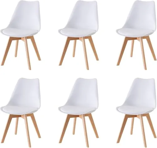 Baroni Home Silla de Comedor o de Trabajo con Patas de Madera, Silla Ergonómica con Cojín Integrado, 50X48X82 cm (Blanco, 6)