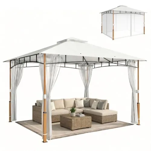 Outsunny Cenador para Jardín 3x3,6 m Gazebo Doble Techo UPF50+ Crema y Teca