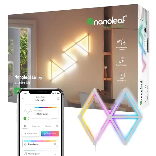 Nanoleaf Lines Kit de Inicio de 9 ángulo de 60° Barras Luz Inteligentes LED RGBW Modulares, Apliques de Pared Interior, Luces Led 16M Colores WiFi, Compatible Alexa Google Home, Decoración Habitación