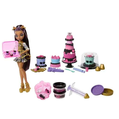 Monster High Scary Sweet Birthday Kit Pasteles con muñeca Clawdeen Wolf | Set de muñeca y decoración de tartas con 20+ accesorios: glaseado espeluznante, pipeta, moldes y más, JBG78