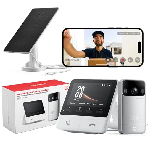 SwitchBot Timbre de vídeo con panel solar, timbre de puerta 2K con cámara, cámara inteligente con pantalla a color de 4,3", gran angular de 165°, juego 2 en 1