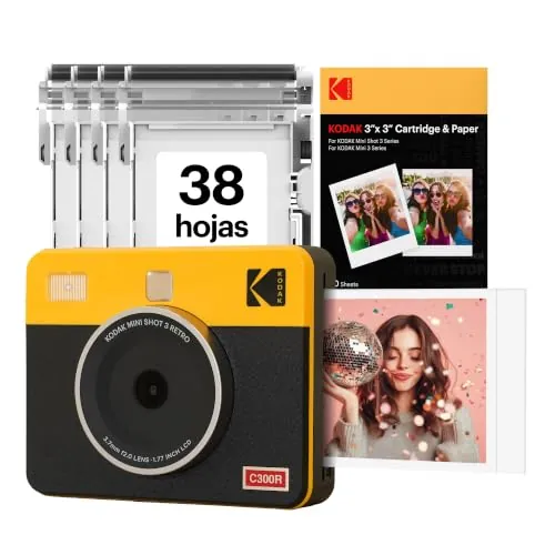 KODAK Mini Shot 3 Retro Cámara Digital Instantánea & Impresora Fotográfica 2-en-1 7,6 x 7,6 cm, 38 Hojas, Cámara Portátil con Impresión, Impresora Bluetooth iOS & Android, Sublimación 4PASS, Amarillo