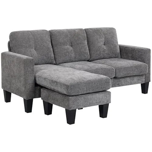 HOMCOM Sofá Chaise Longue Reversible, Sofá de 3 Plazas en Forma de L, Tapizado en Chenilla, Asiento y Respaldo Acolchados, Estructura de Acero, 186x130x84 cm, Gris Oscuro