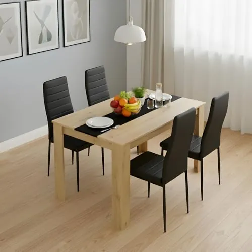 GOKHOMX Conjunto de Mesa de Comedor Rectangular de 110 cm con 4 Sillas, Conjunto de Mesa y Sillas de Comedor de Cuero Sintético Negro, para Pequeño Espacio de Cocina, Comedor y Salón (Roble + Negro)