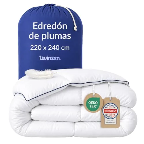 Twinzen Edredón Nórdico Plumas 220x240 4 Estaciones (450GSM) RDS | 90% plumas, 10% plumón・Certificado RDS y Oeko-Tex・3 en 1: todo el año/invierno・Calor uniforme・Lavable a 40°C