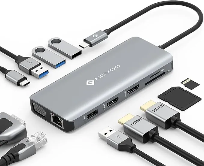 NOVOO Hub USB C con Doble HDMI 4K, Docking Station USB C 11 en 1 con RJ45 Gigabit Ethernet, 2 USB 3.0, 2 USB 2.0, VGA, Tipo C 100W PD, Tarjetas SD/TF Adaptador para MacBook Pro/Air, DELL, Lenovo