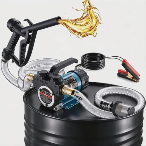 SEESII Bomba trasvase gasoil 12V eléctrica, para diésel y queroseno | 50 l/min, motor 200W, altura máx. 10m con filtro, boquilla y 2 mangueras de 2m para tractor, camión y generador, uso agrícola