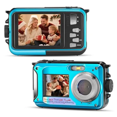 Cámara submarina, Full HD 2.7K 24MP impermeable, cámara compacta impermeable de 10 pies, zoom digital 16x, cámara digital antitemblor para niños, adolescentes, principiantes