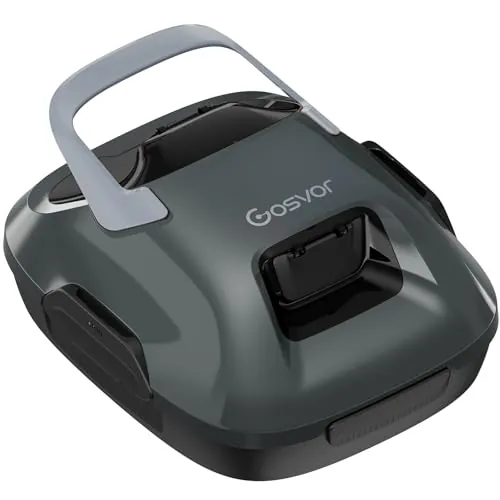 Gosvor Robot Limpiafondos Piscina Automático,con Filtración de 180μm,con 90 Minutos de Autonomía,Tiene Autoaparcamiento,para Piscinas de 80m² sobre el Suelo y Subterráneas Planas,Gris