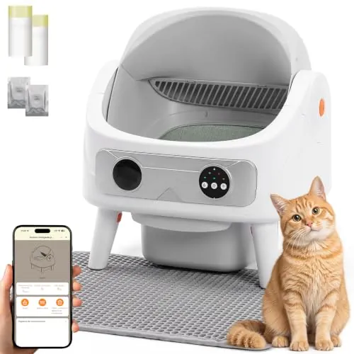 AMIPOW Arenero Gatos Autolimpiable Abierto 80L+11L, Control App | Inodoro para Gato, Arenero Autolimpiable para Gatos con 11L Cubo de Basura, Alfombrilla, Bolsas de Basura 2 Rollos