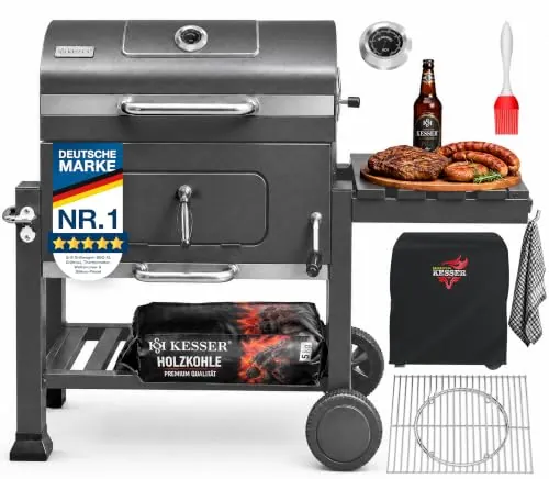 KESSER® Parilla de Carbón con Carrito Grill con Tapa, Ruedas, Mango de Acero Inoxidable | Barbacoa, Cepillo, Cubierta y Termómetro Carbón Wagen Grande BBQ Barbacoa Camping, Jardín XL Gris