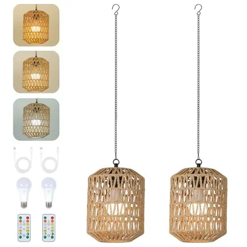 Rayofly 2 Piezas Lámpara Colgante Recargable Interior, Lamparón Boho con Batería, Lámpara Colgante de Ratán sin Cable, Lámparas de Exterior para Jardín con Bombilla y Mando a Distancia para Terraza