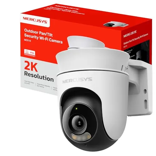 MERCUSYS MC510 - Cámara WiFi Exterior Pan/Tilt 2K QHD – visión 360 °, detección de Personas, visión Nocturna Color, Almacenamiento microSD hasta 512 GB, IP65