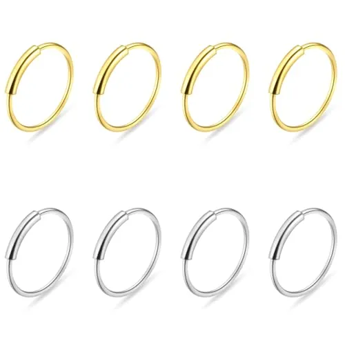 LYQNIHOB 8pcs Anillos Nasales de Acero Inoxidable Hipoalergénico, Anillos con Diseños, Anillo Septum, Aro de Nariz Segmentado y Plegable de 8mm, Cuerpo Piercing Nariz Aro Labio Para unisexo, Oro+Plata