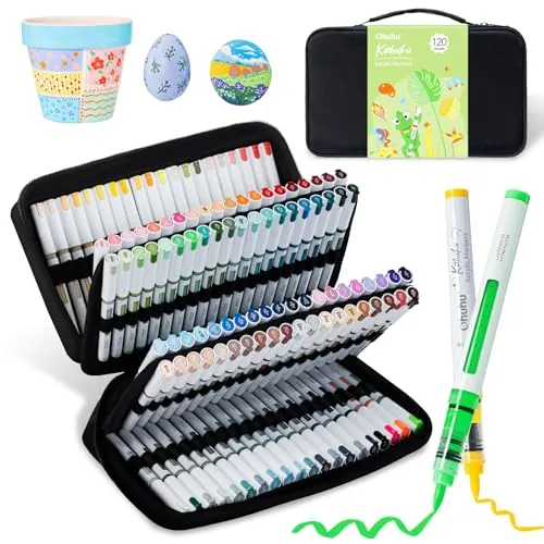 Ohuhu Rotuladores Acrílicos 120 Punta Pincel Alta Opacidad –Kahuku | Opacidad Extra Control de Tinta Automático 1-6mm Pincel Resistente Agua Luz para Superficies Oscuras DIY