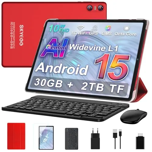 SKYEGG Tablet 10 Pulgadas Android 15 con Gemini AI, 30 GB RAM + Ampliable 2 TB ROM, Octa-Core, Widevine L1, WiFi 5G, BT 5.0, Cámara 8 MP + 5 MP, Batería 6000 mAh, con Teclado, Ratón y Funda – Rojo
