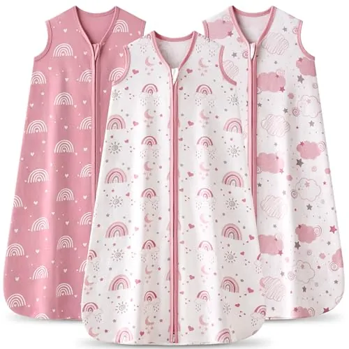 FIEMOL Saco de Dormir para Bebé 0-6 Meses 0.5 TOG Mantas de Algodón, 3 Paquetes Saco de Dormir Transpirable para Recién Nacido 58-66cm Arcoíris Rosa