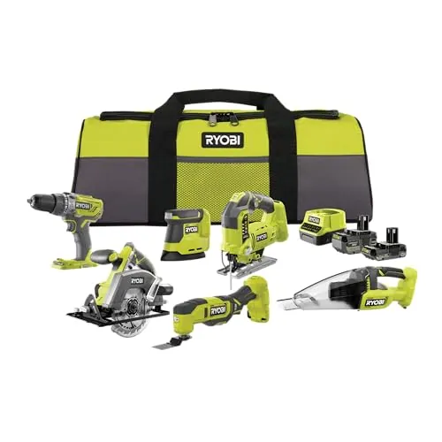 RYOBI 18V ONE+ Kit Combinado Inalámbrico 10 Herramientas – Taladro, Sierra, Multiherramienta y Más – Incluye 2 Baterías y Cargador