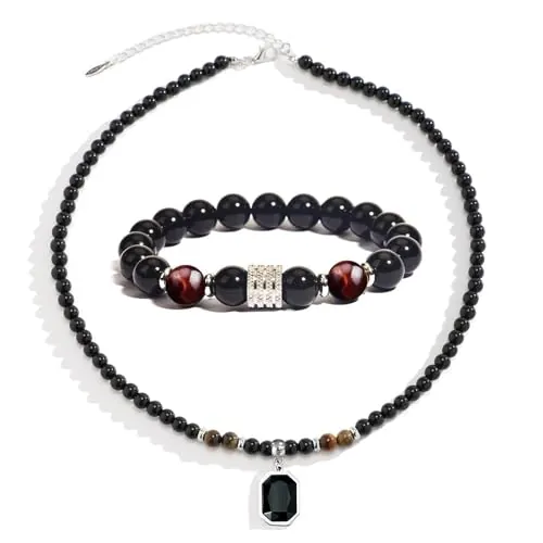 XSDSLS Conjunto Collar y Pulsera de Piedra Natural para Hombre, Ojo de Tigre, Ajustables y Elásticos, Regalo de Cumpleaños (Ojo de Tigre Amarillo y Ojo de Tigre)