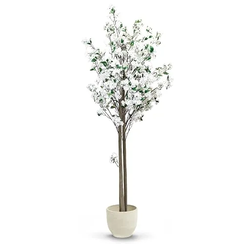 MAIA SHOP Almendro Artificial 180 cm con Tronco Natural y Flores Blancas, Árbol Decorativo Realista de Gran Altura, Planta Artificial Grande para Salón, Oficina, Hotel o Eventos