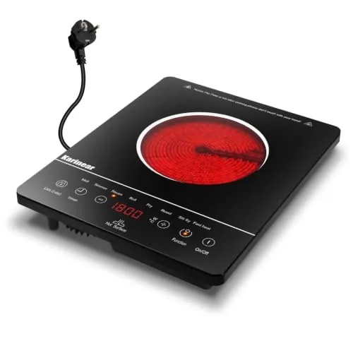 Karinear Vitroceramica 1 Fuego Portatil con Enchufe 2000 W | 28×36 CM, 8 Funciones de Cocción, 9 Niveles de Potencia, Temporizador de 4 Horas, Ideal Para el Jardín o el Exterior