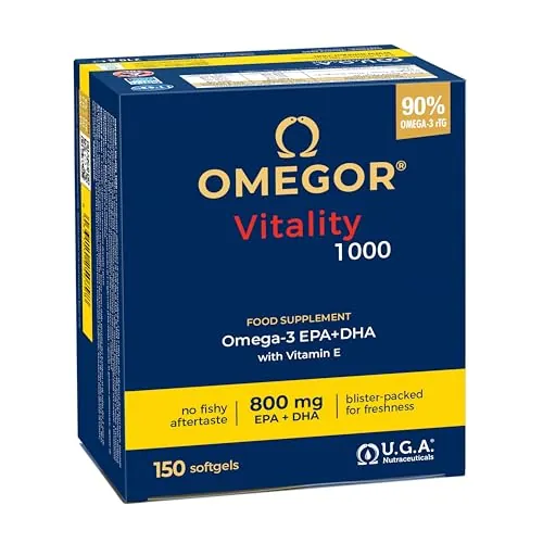 Omega 3 EPA y DHA 150 Cápsulas OMEGOR Vitality 1000 - Omega-3 IFOS Certificado 5 Estrellas - Aceite de Pescado Libre de Metales Pesados y Fácil de Digerir