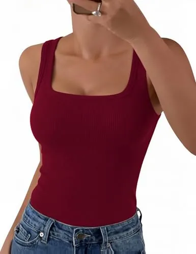 Aottori Tank Top Mujer Cuello Cuadrado Elástico Rojo Vino M | Verano, Tirantes, Punto, Básico, Chalecos, Casual, Sólido, Camisola, Shirt, Camiseta sin Mangas