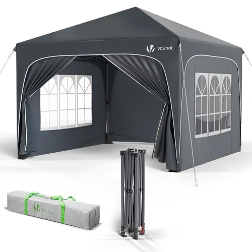 VOUNOT® Carpa Plegable Gazebo 3x3m con 4 Paredes Laterales 4 Sacos Arena y Bolsa de Transporte, Cenador Impermeable Pabellón de Jardín Protección UV para Camping, Fiestas, Exterior, Color Gris
