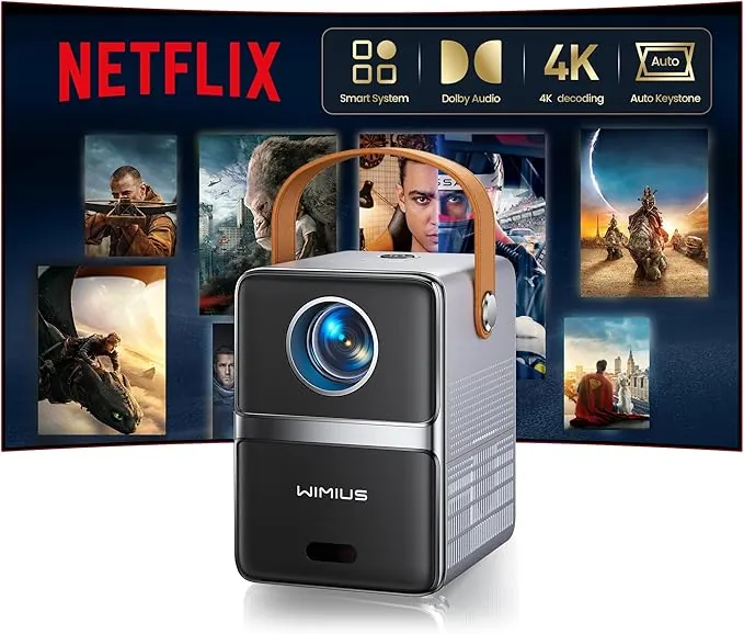 Mini Proyector Portatil 4K【Netflix Ready/Dolby】 WiMiUS Proyector 1080P FHD con Auto Keystone/E-Enfoque, Apps Integrada WiFi & Bluetooth, Projector Portable 4k Cine en Casa para Movil/PC/HDMI ARC