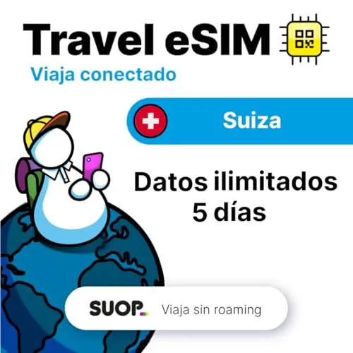 Tarjeta eSIM prepago con Datos ilimitados para Suiza. Tarjeta prepago móvil para Viajar por sin Roaming. Conexión de Datos de Alta Velocidad. eSIM Internacional para Suiza (Datos ilimitados - 5 días)