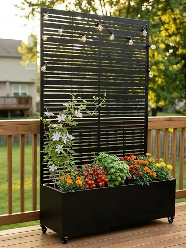 TinFrey Huerto Urbano Elevado con Celosía, Jardineras Grandes para Exterior con Ruedas y Enrejado, Macetero de Metal para Privacidad, Ideal para Flores, Verduras y Plantas Trepadoras en Balcón