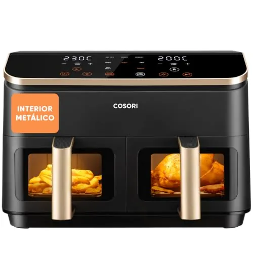 Cosori Air Fryer Grande 8,5 Litros, Freidora de Aire con Doble Cesta, Airfryer con Ventana, Recetas en la App, Multifunción 10 en 1, Alta Potencia y 55% de Eficiencia, Bajo Ruido, Fácil de Limpiar