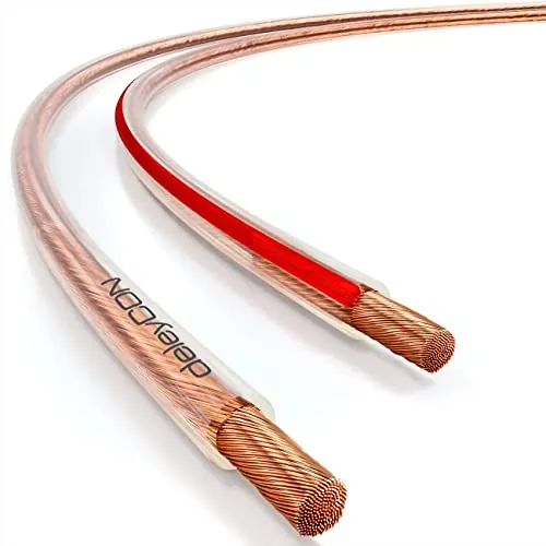 DeleyCON Cable para Altavoz 30m 2x 4,0 mm² - Cobre Puro OFC - Audio para Altavoces HiFi y Surround - Marcado de Polaridad - Transparente