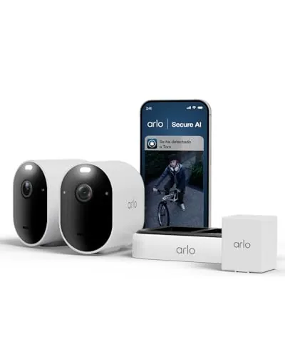 Arlo Pro 6, Cámara de Vigilancia Exterior WiFi 2K+ HDR, Reconocimiento de IA, Visión Nocturna Color, Funciona con Alexa, Prueba Arlo Secure incluida, 2 Cámaras + 1 Batería Adicional y Cargador Doble