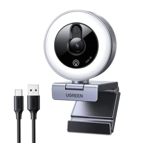 UGREEN 4K Webcam 30FPS Ultra HD Webcam Enfoque Automático Anillo de Luz LED | Doble Micrófono Plug Play Ángulo Ajustable para Windows MacOS Linux Streaming Youtube Skype Call Video Zoom Videoconferencia