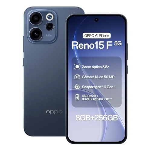 OPPO Smartphone Reno15 F 5G, 8 GB de RAM + 256 GB de Almacenamiento, Negro Crepúsculo