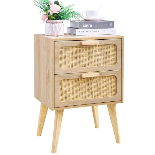 YAUKOMEL Mesita de Noche de Madera,Cajonera,Gabinete de Noche, Mesilla de Noche,mesita auxiliares,con 2 cajones Decorados de ratán, a Mano, Mesa Auxiliar,para Dormitorio, Salón,Natural DECTG59Y