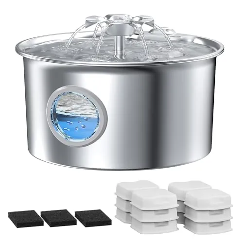 Bebedero Gatos Acero Inoxidable: Fuente Gatos - Fuente de Agua para Perro - 2.6L Bebedero Perros - Dispensador Agua Mascota Automatico - Cascada de Flores - con 6 Filtros + 3 Esponjas