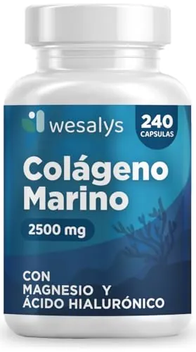 Colágeno Marino Hidrolizado 2500mg con Magnesio y Ácido Hialurónico | 240 Cápsulas | con Vitamina C natural, Péptidos de Colágeno Marino Puro