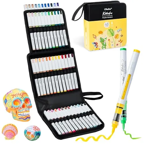 Ohuhu Rotuladores Acrílicos Punta Pincel 48 Colores, Control Automático de Tinta, Alta Opacidad, Resistente al Agua y Luz, para Pintar Piedras, 3D, Huevos de Pascua, Madera, Manualidades – Kahuku