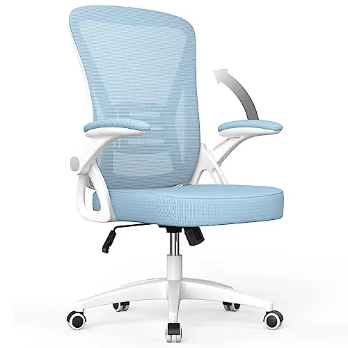 rattantree Silla de Oficina, Silla de Escritorio Ergonómica con Reposabrazos Plegables, Altura Ajustable, Soporte Lumbar, Silla Giratoria para Computadora con Cojín de Asiento Acolchado, Azul