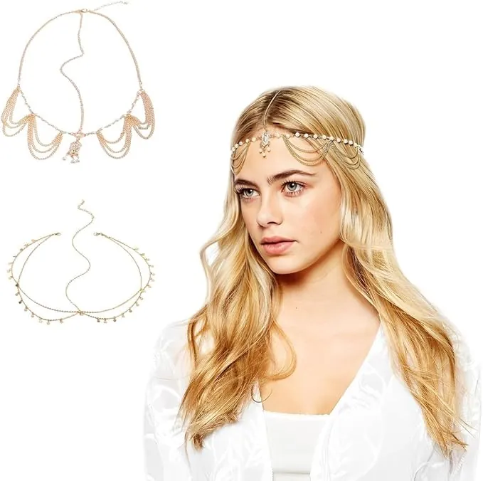 2 Pcs Cadena de lentejuelas bohemias, cadenas de pelo doradas, Collar para el Cabello de Oro con Lentejuelas Cadena con Borlas para el Cabello, para disfraz de festival para mujer