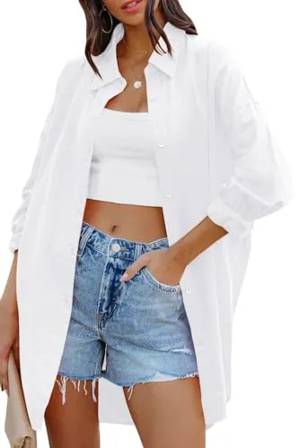 Cicy Bell Blusa de mujer de gran tamaño, cuello en V, botones para otoño, holgada, con bolsillos, camiseta de algodón, Blanco, XXL