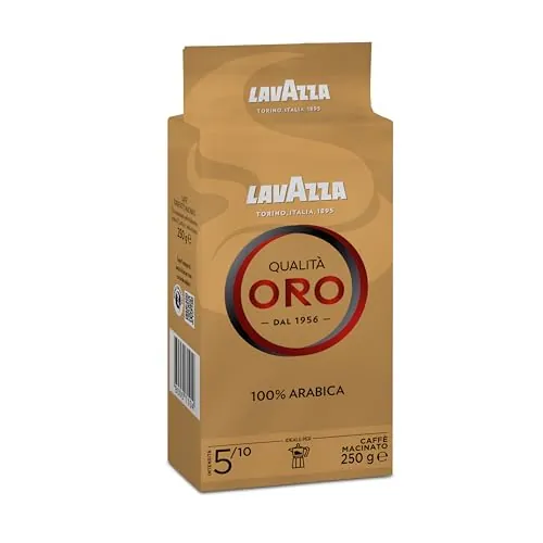 Lavazza, Qualità Oro, Café Molido Natural, Ideal para Cafetera Italiana, de Filtro y Francesa, con Notas Aromáticas de Frutas y Flores, 100% Arábica, Intensidad 5, Tueste Medio, 250 g