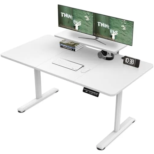 TRIUMPHKEY Escritorio de pie Ajustable en Altura con estantes para Monitor 140x60cm Escritorio de pie eléctrico Ajustable en Altura Estante de Almacenamiento Home Office Tablero de Empalme Blanco
