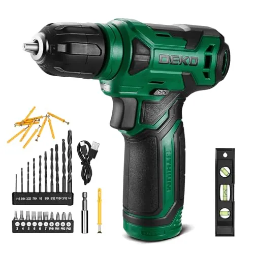DEKOPRO Taladro Atornillador Inalámbrico 8V, con 10MM Portabrocas, LED Luz, Cable de Carga Tipo C, Accesorios 42 Piezas, Taladro Eléctrico para Perforar y Apretar/Aflojar Tornillos, Verde