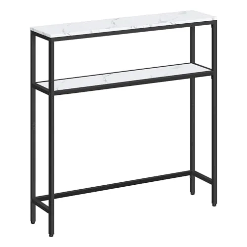 VASAGLE Mesa de Consola de 2 Niveles, Mesa Auxiliar con 2 Estantes, 20 x 80 x 80 cm, para Sala de Estar, Pasillo, Recibidor, Blanco Mármol y Negro Tinta LNT130W59