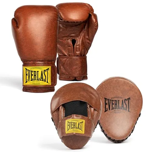 Everlast 1910 Classic Guantes Boxeo 16oz y Manoplas (Marrón), Cierre Velcro, Guantes de Cuero para Saco y Entreno – Equipo Cómodo y Protector - Auténtico de Everlast