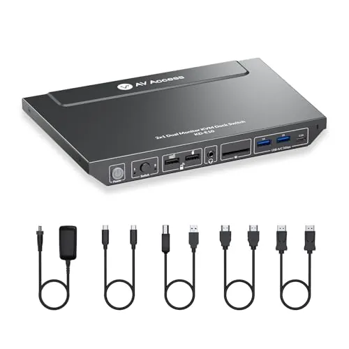 AV Access Conmutador KVM Docking para 2 Monitores 2 PCs, 4K Dual Monitor Laptop/Escritorio, EDID, Ethernet 1G, Carga USB-C 100W, 3 USB 3.0, Ideal Oficina Hogar y Gaming
